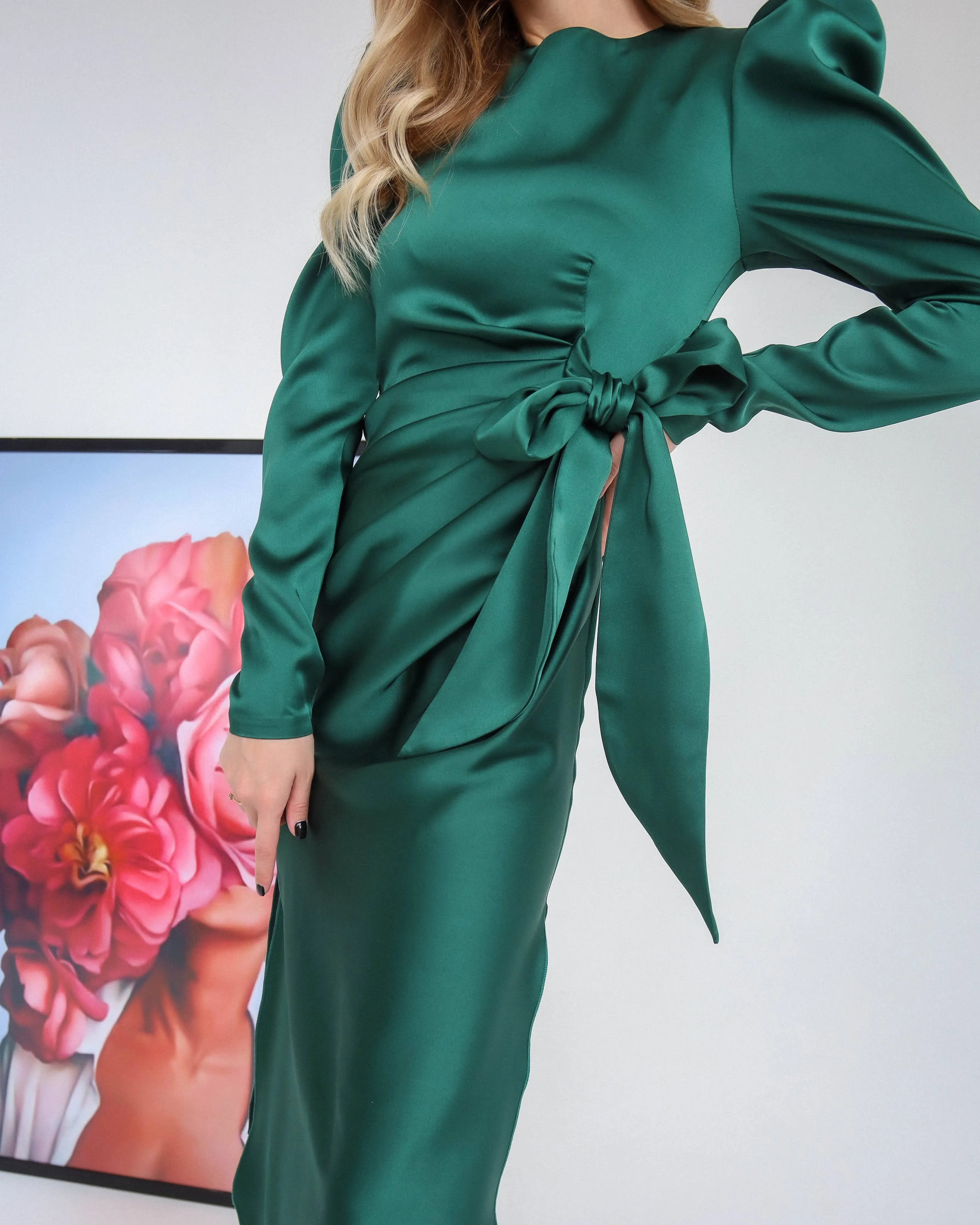 Emerald Puff Sleeve Wrap Dress