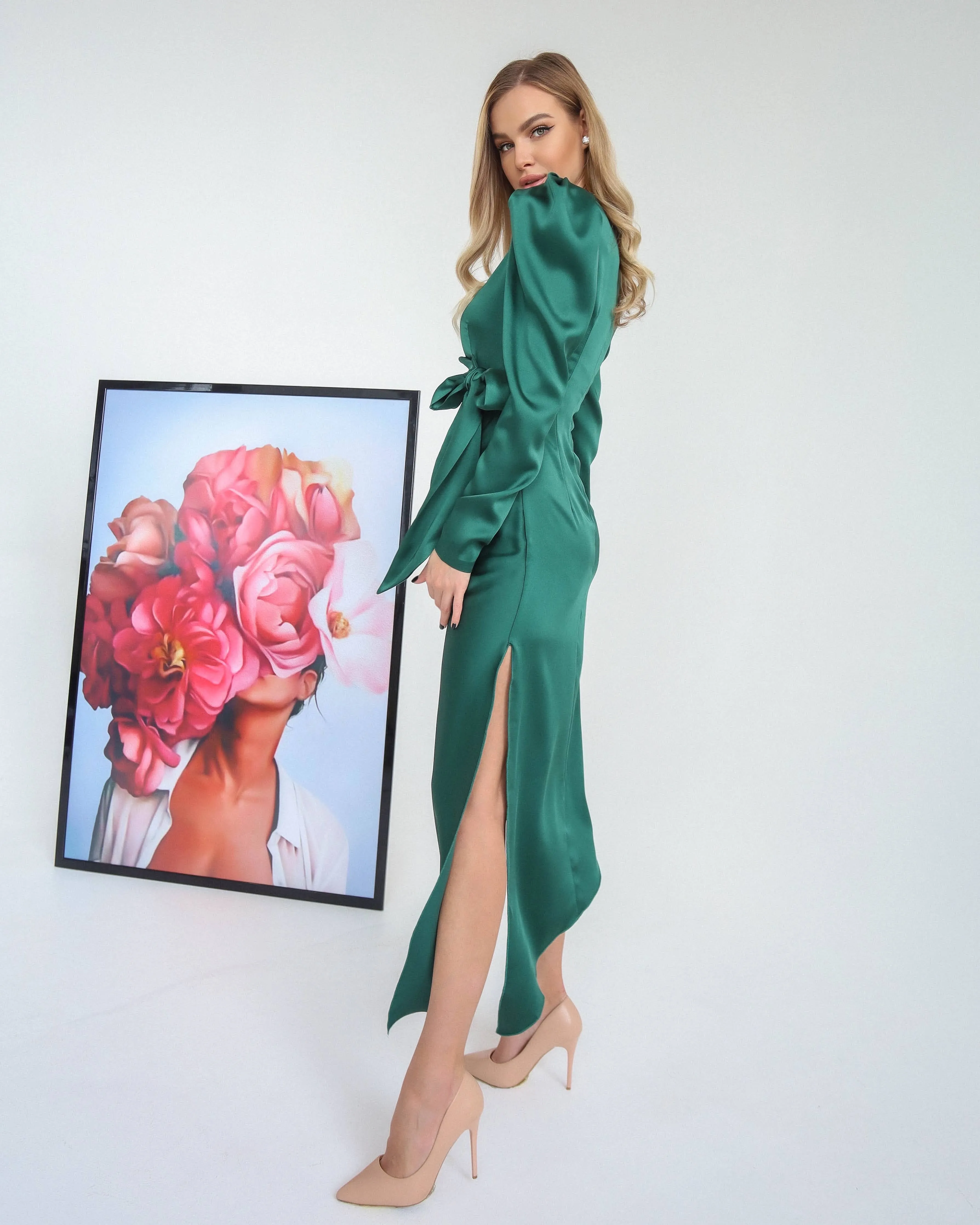 Emerald Puff Sleeve Wrap Dress