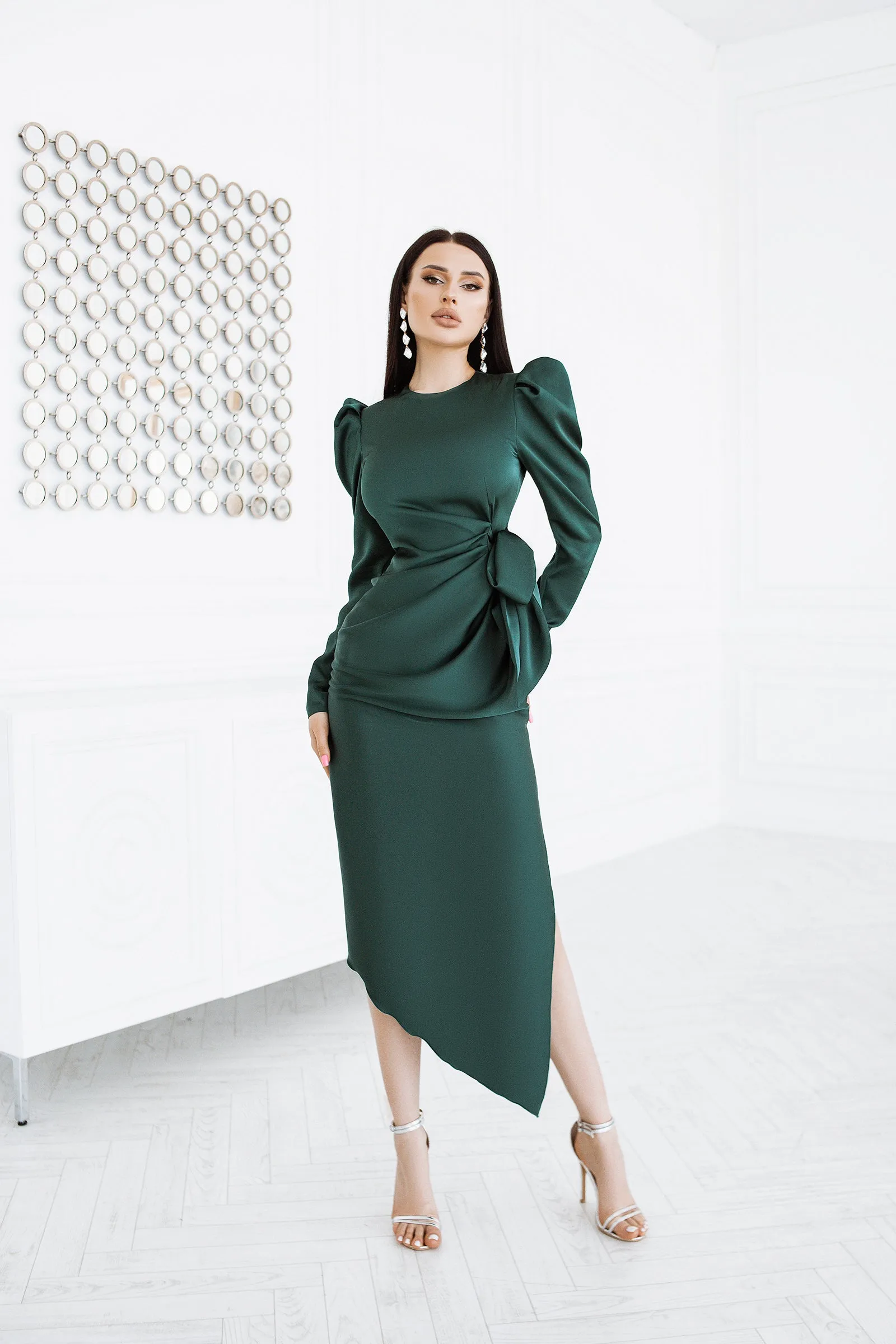 Emerald Puff Sleeve Wrap Dress