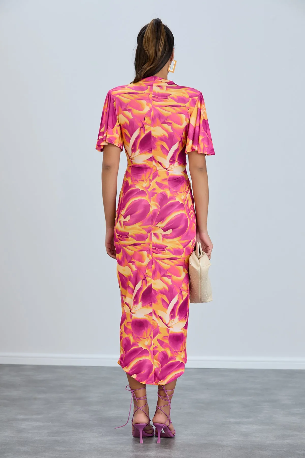 Ethereal Angel Sleeve Wrap Dress in Orange Flush Print