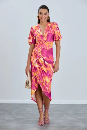 Ethereal Angel Sleeve Wrap Dress in Orange Flush Print