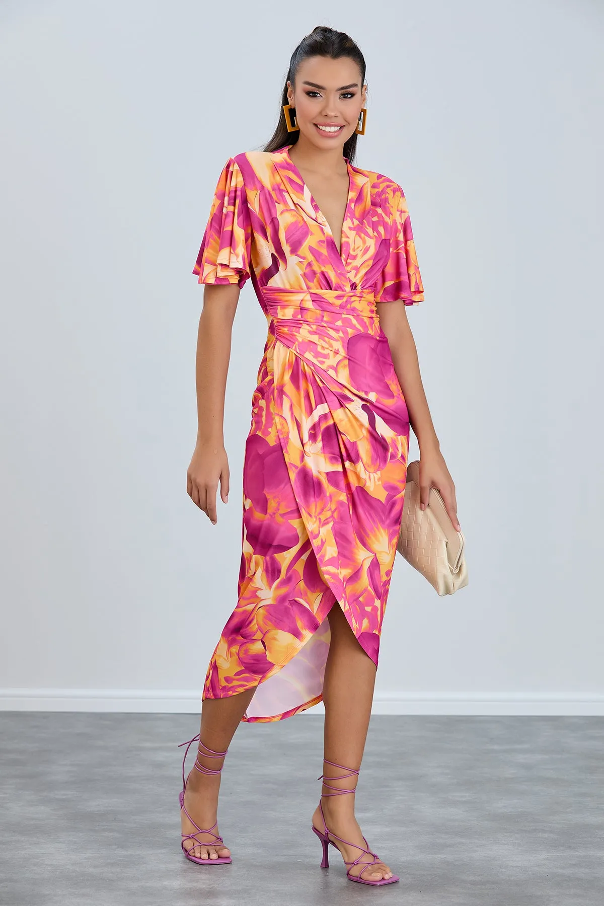 Ethereal Angel Sleeve Wrap Dress in Orange Flush Print