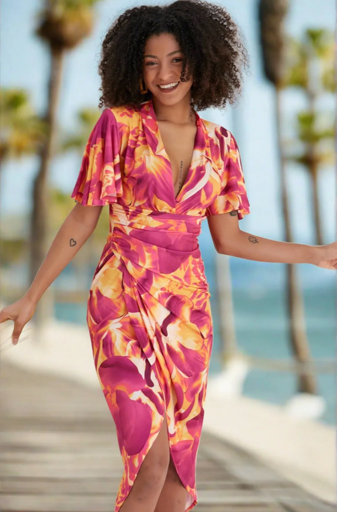 Ethereal Angel Sleeve Wrap Dress in Orange Flush Print