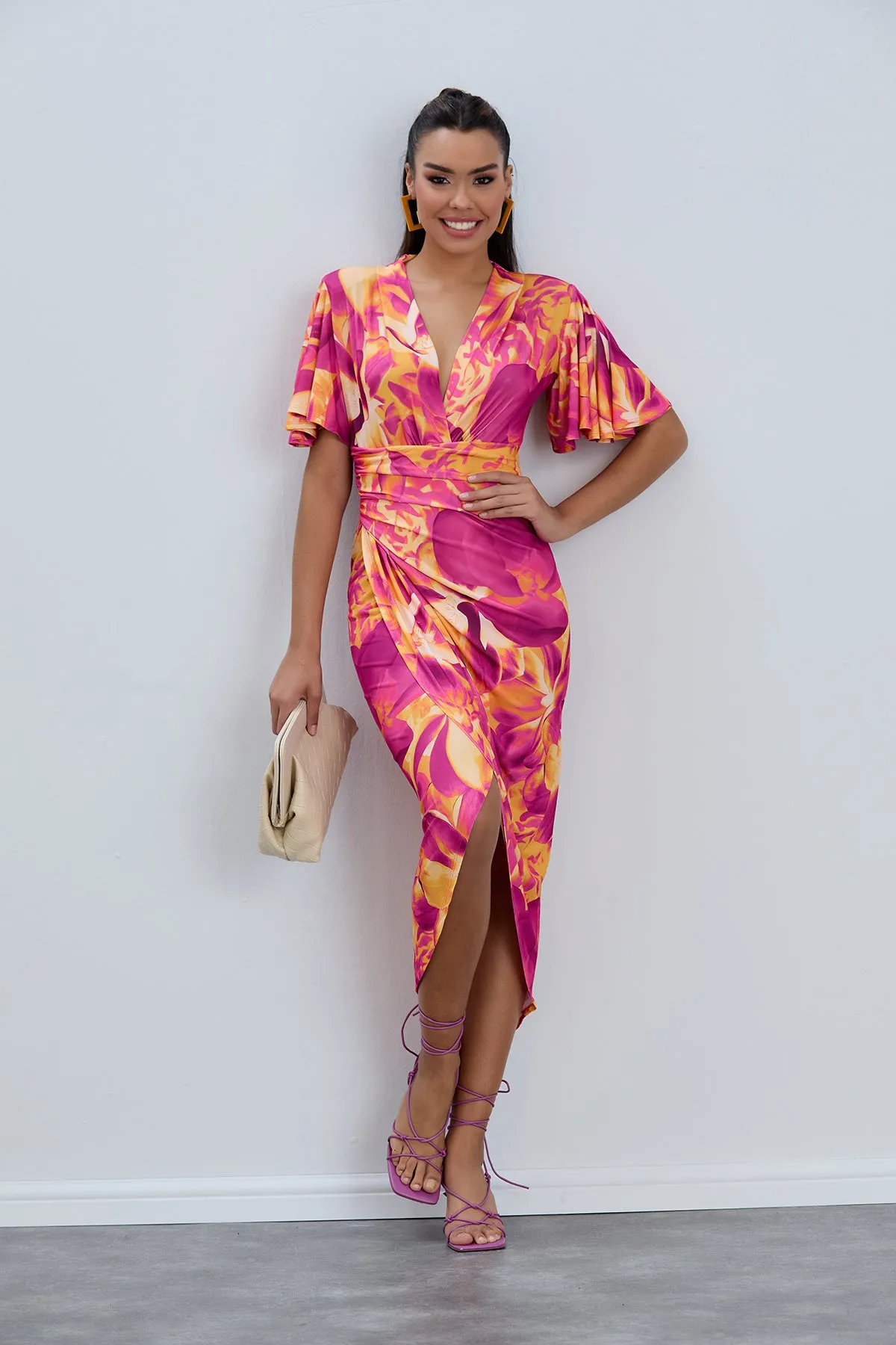 Ethereal Angel Sleeve Wrap Dress in Orange Flush Print