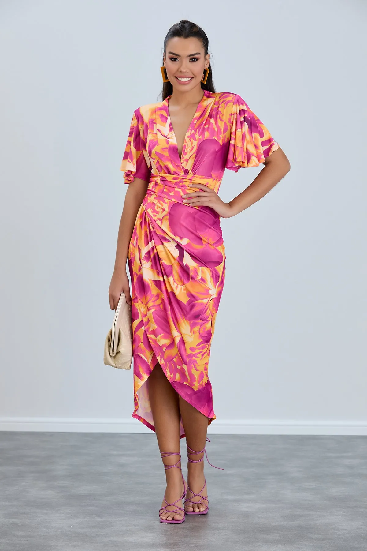 Ethereal Angel Sleeve Wrap Dress in Orange Flush Print