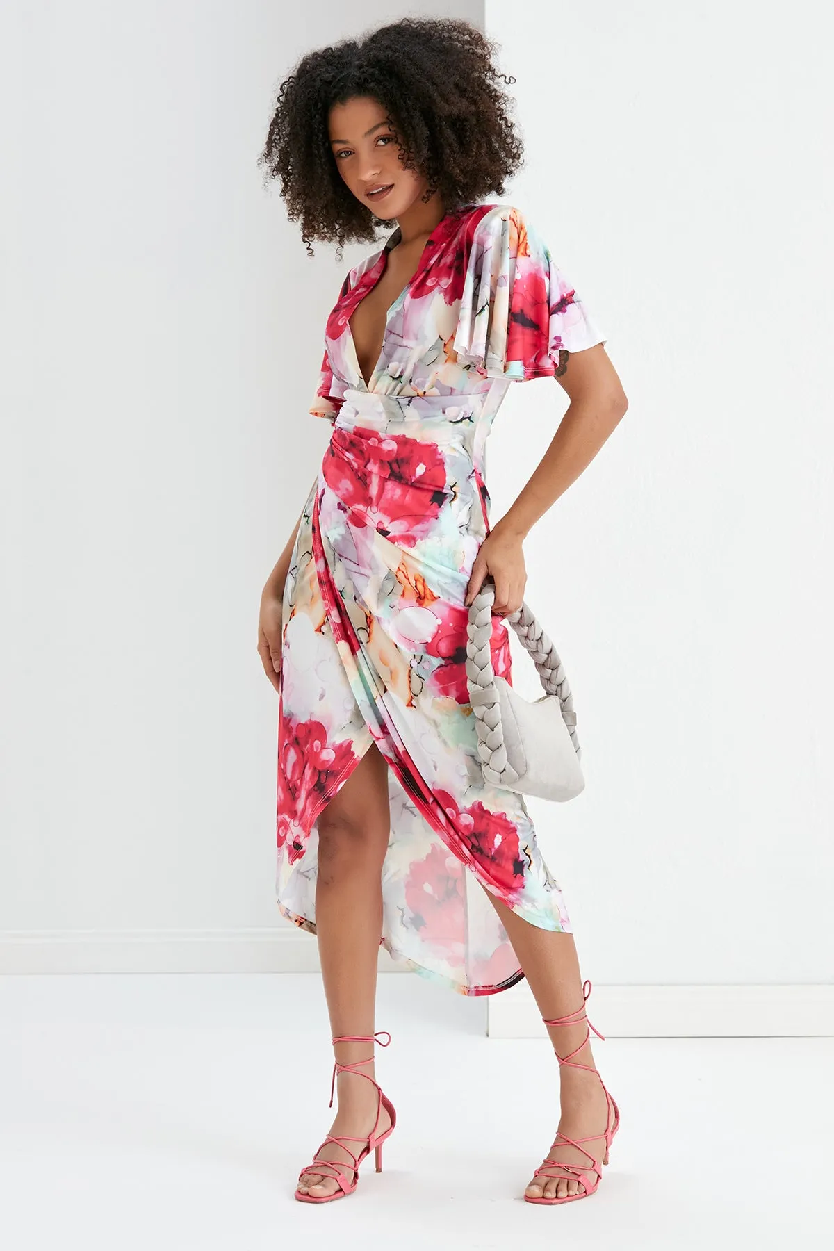 Ethereal Angel Sleeve Wrap Dress in Passion Flower Print