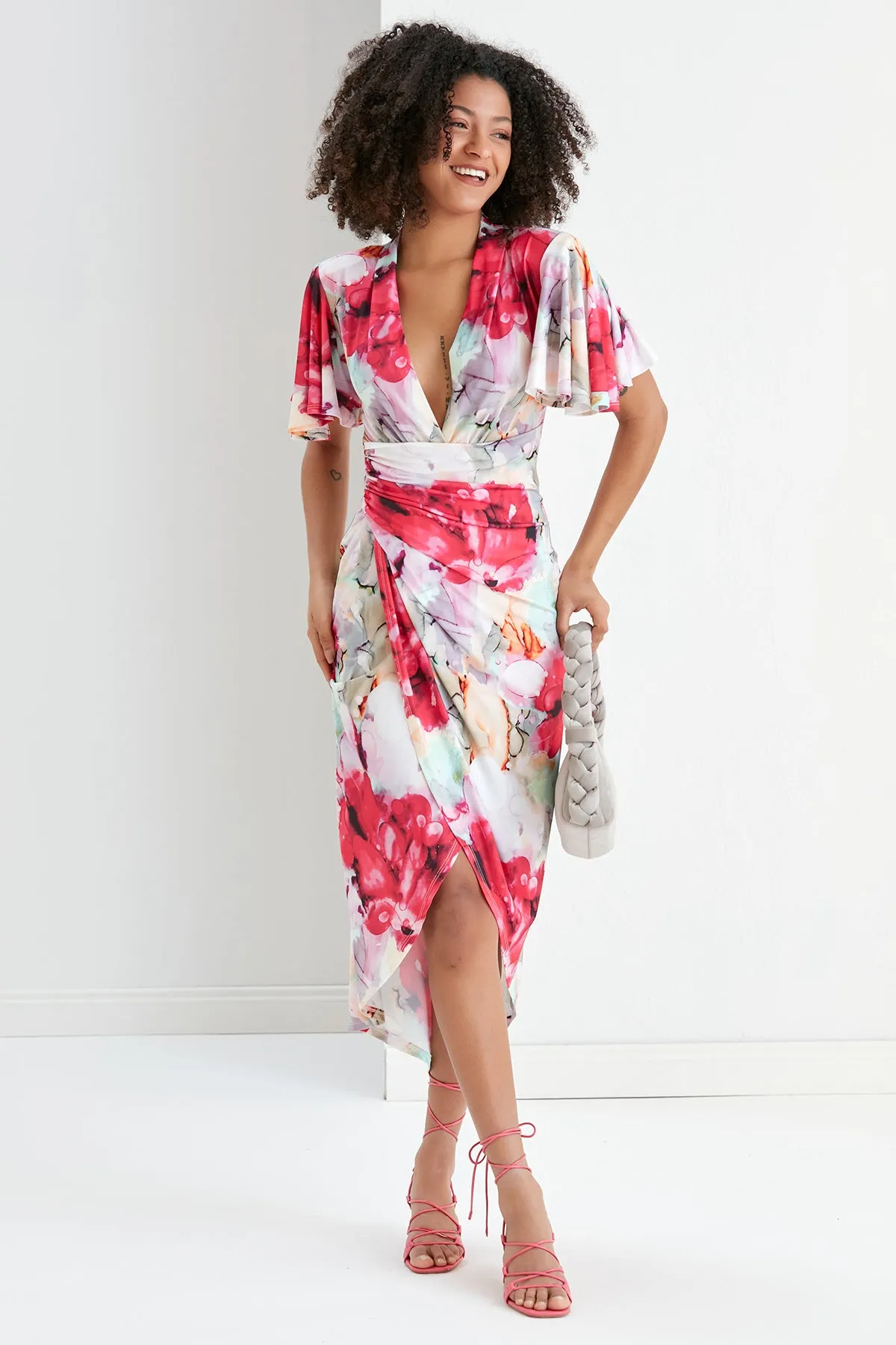 Ethereal Angel Sleeve Wrap Dress in Passion Flower Print