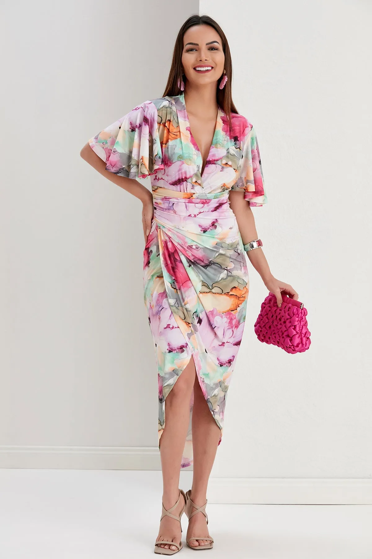 Ethereal Angel Sleeve Wrap Dress in Passion Flower Print