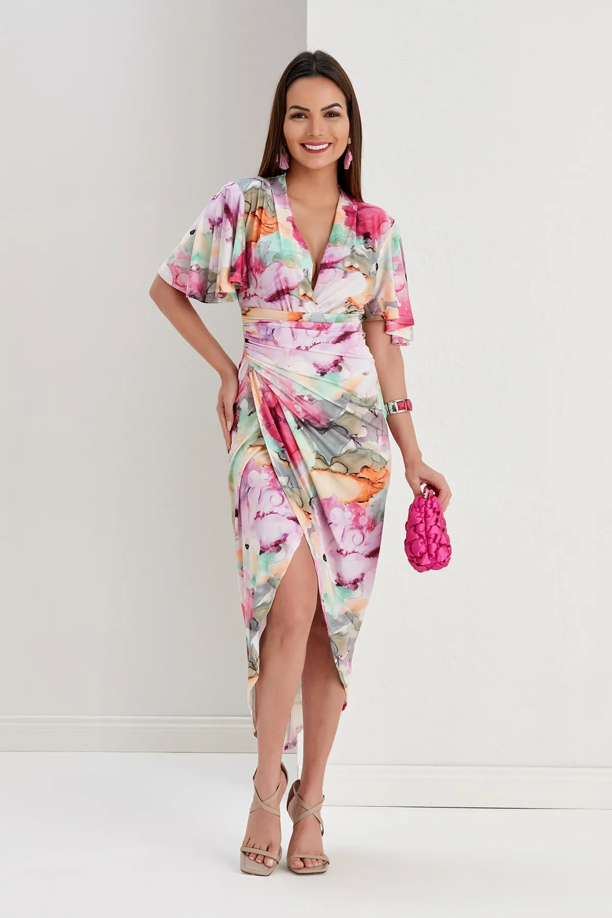 Ethereal Angel Sleeve Wrap Dress in Passion Flower Print