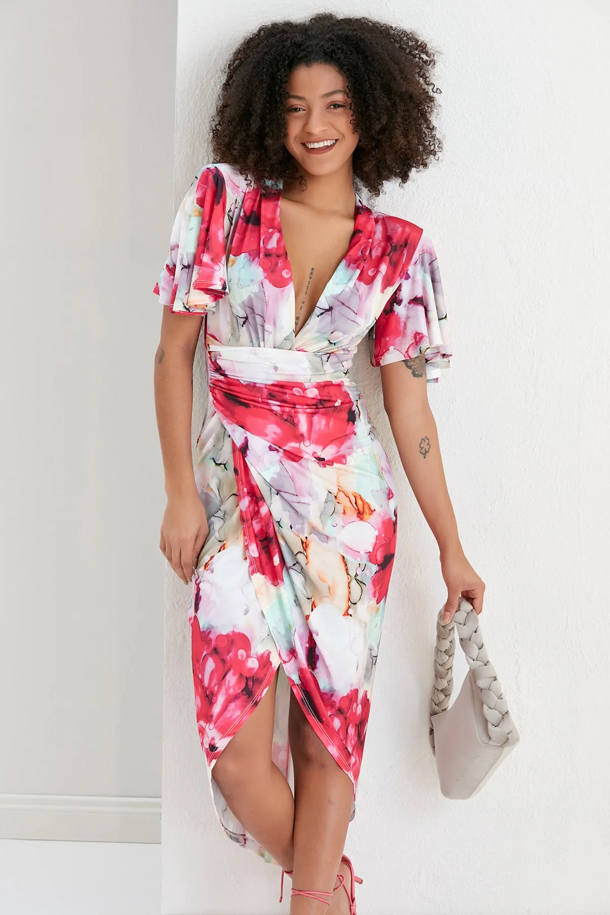 Ethereal Angel Sleeve Wrap Dress in Passion Flower Print