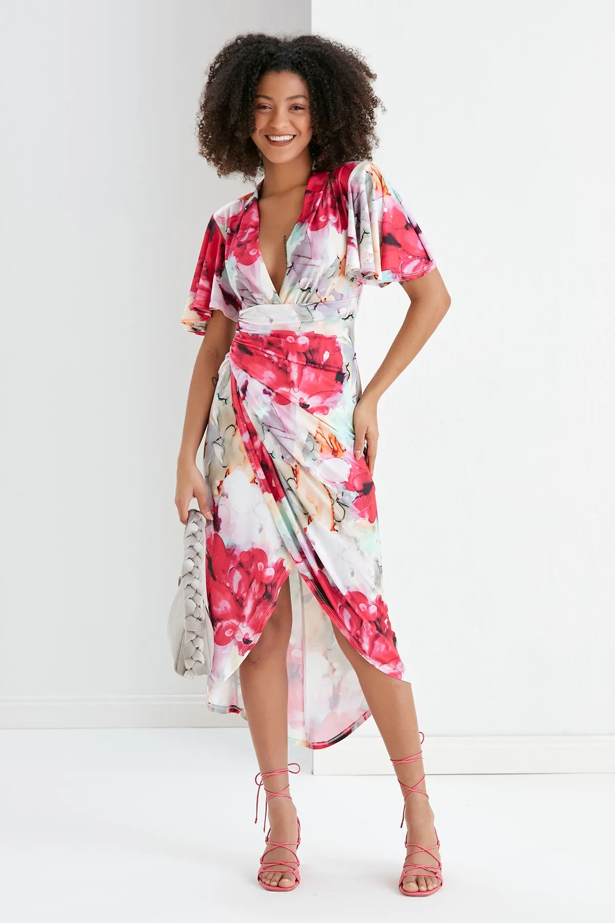 Ethereal Angel Sleeve Wrap Dress in Passion Flower Print