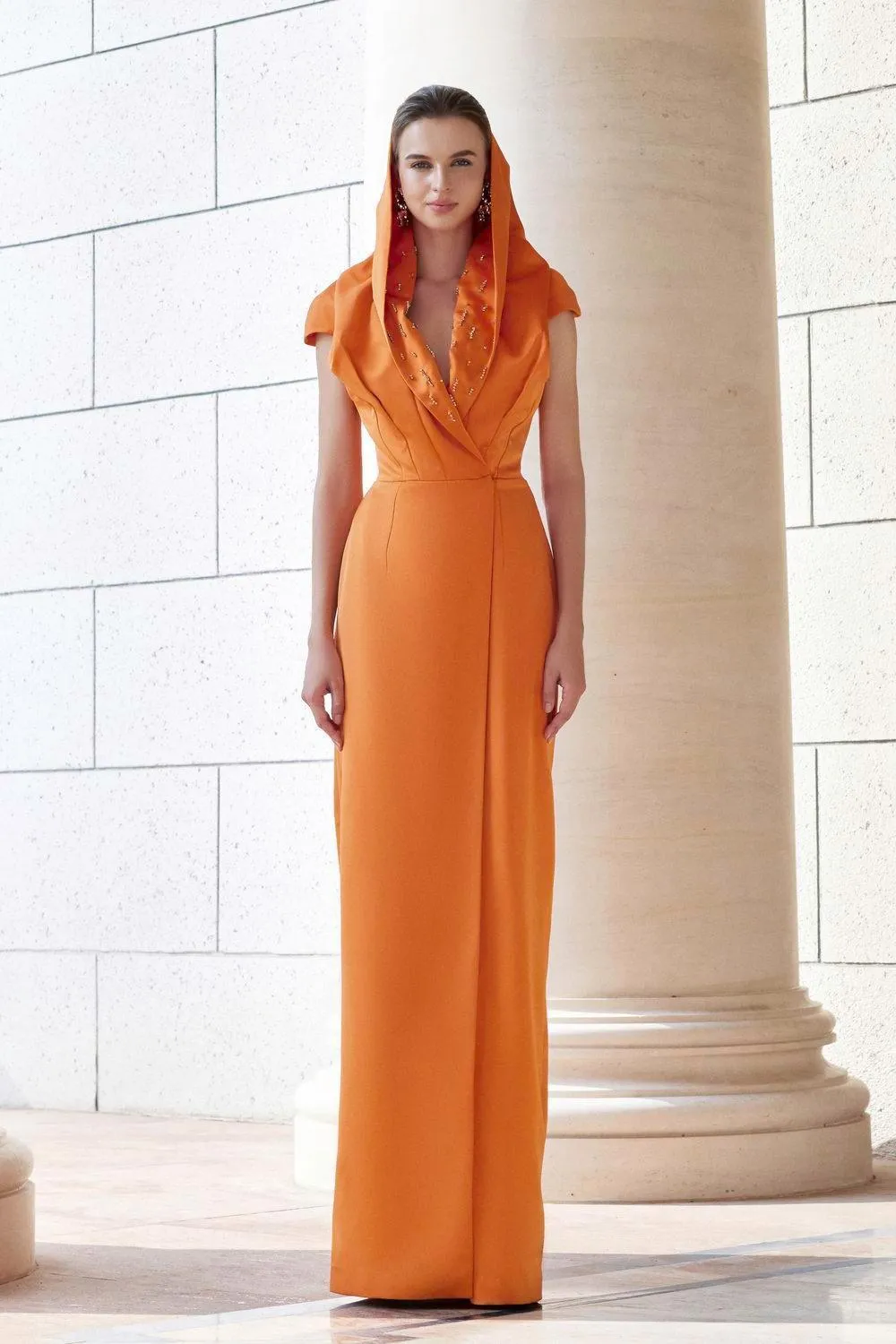 Euphony Wrap Hooded Neck Silk Floor Length Dress