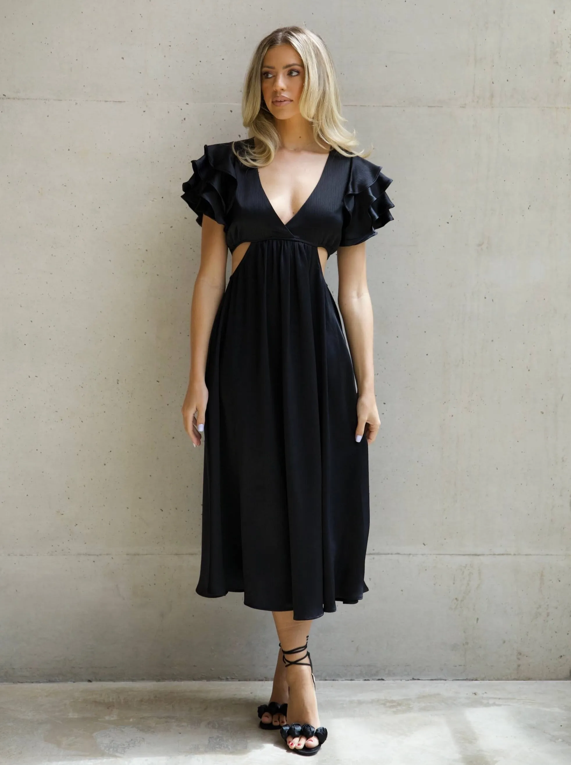 'EVANGELIA' RUFFLE SLEEVE CUT OUT MIDAXI DRESS BLACK