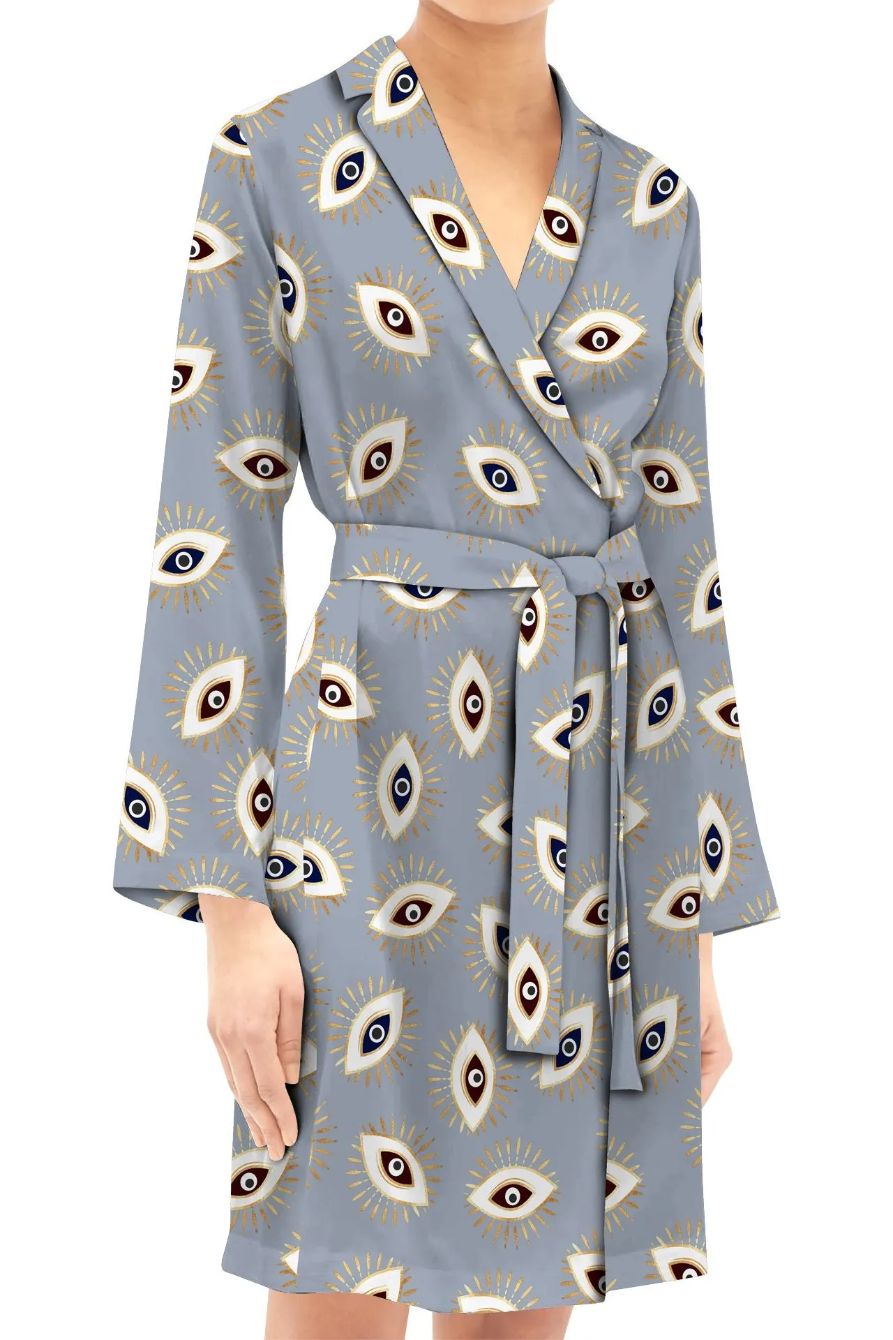 Evil Eye Grey Wrap Dress Made With Organic Silk Mini Length