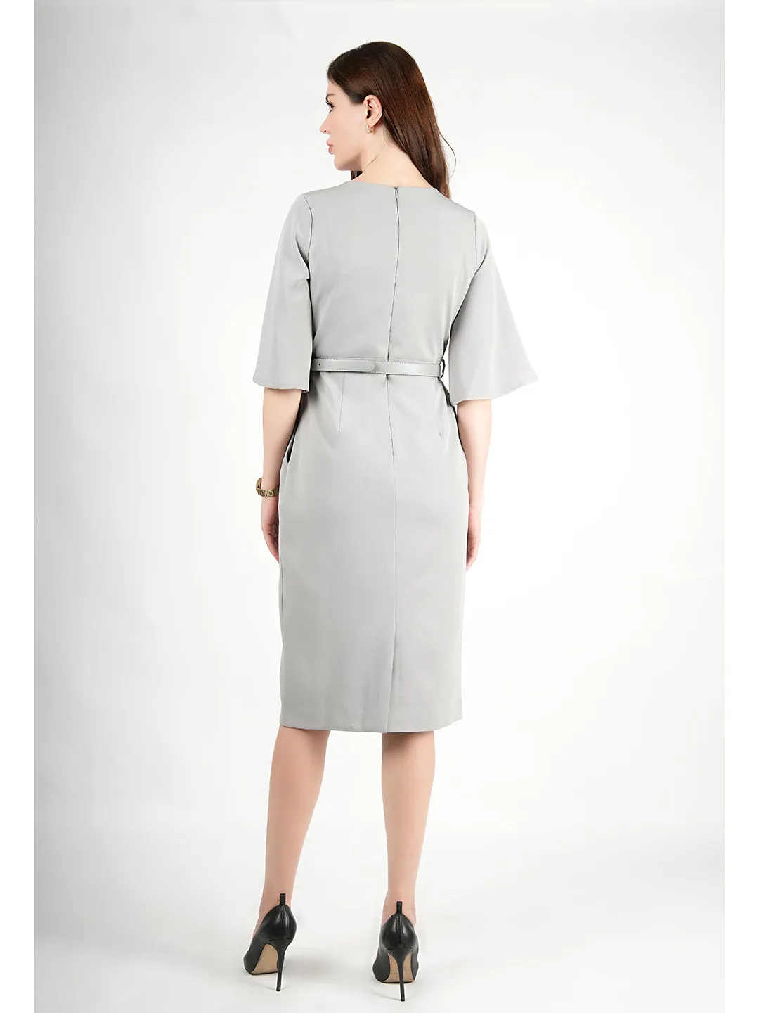 Exude Bliss Bell Sleeve Dress with Belt (Grey)