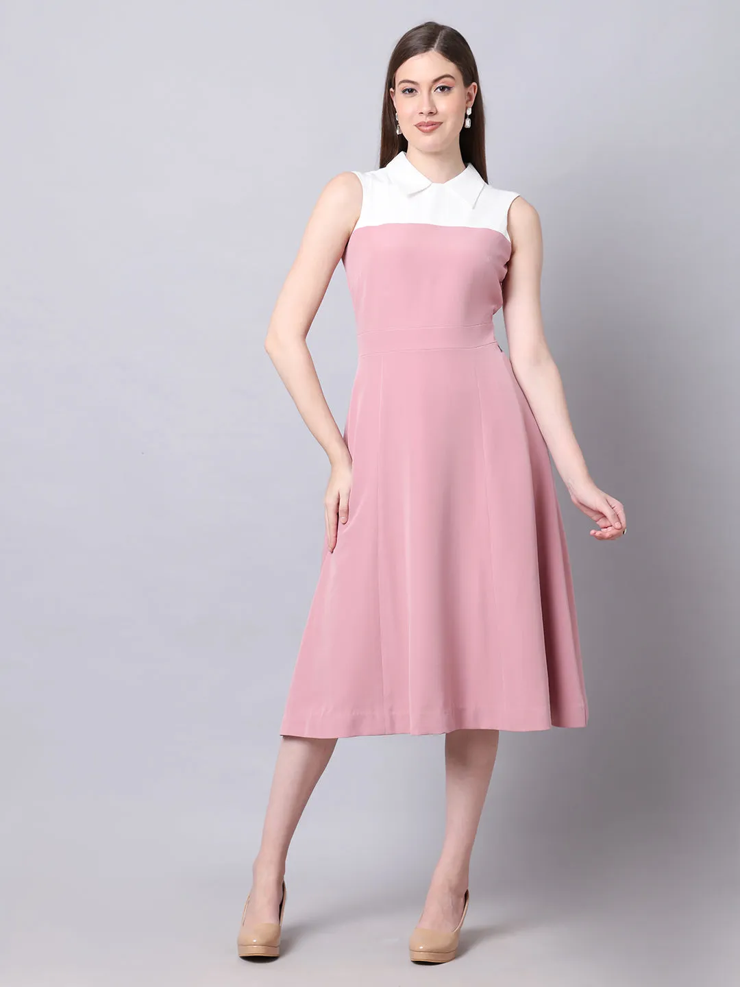 Exude Bronzed Color Block Dress With Collar (Blush Pink)