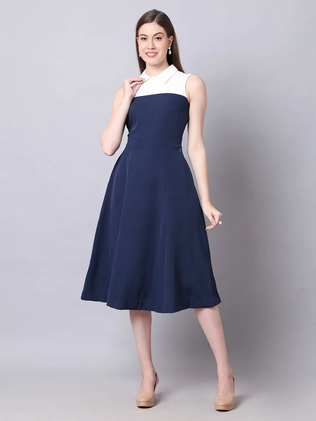 Exude Bronzed Color Block Dress With Collar (Navy)