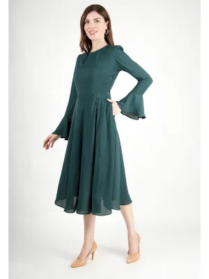 Exude Gleaming Fit & Flare Dress with Long Sleeves (Emerald Green)