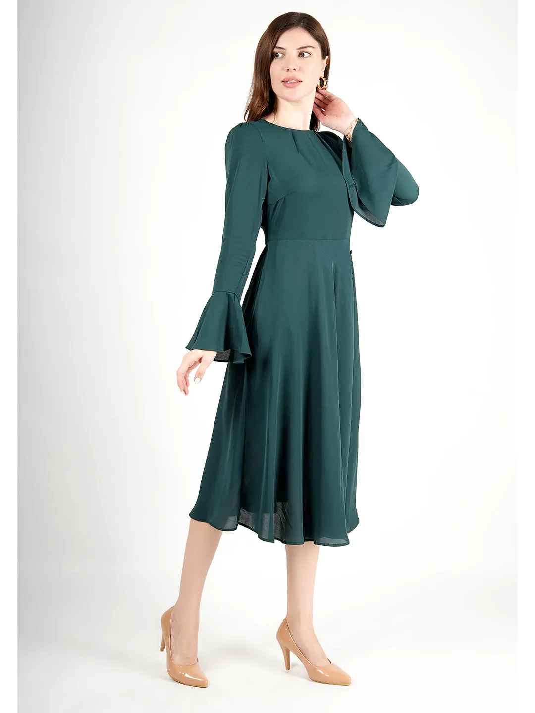 Exude Gleaming Fit & Flare Dress with Long Sleeves (Emerald Green)