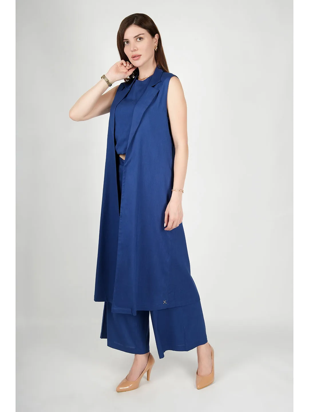 Exude Lustrous Long Jacket , Top with Wide Leg Trouser (Royal Blue)