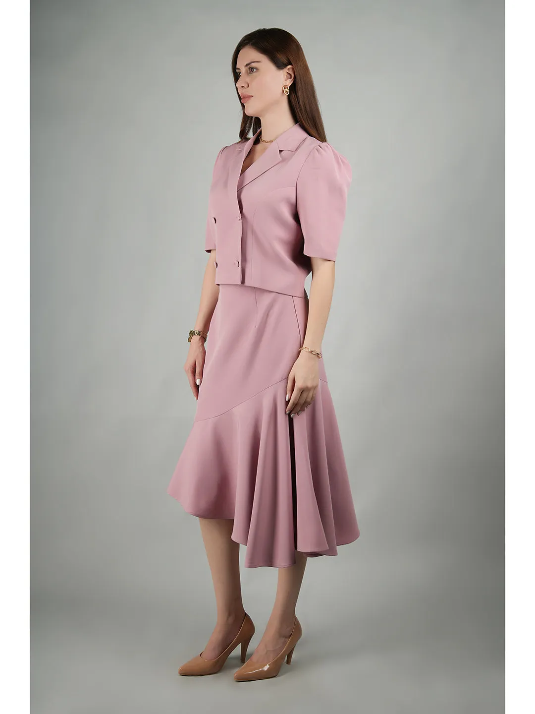 Exude Sunbeam Crop Blazer With Asymmetrical Skirt (Blush Pink)