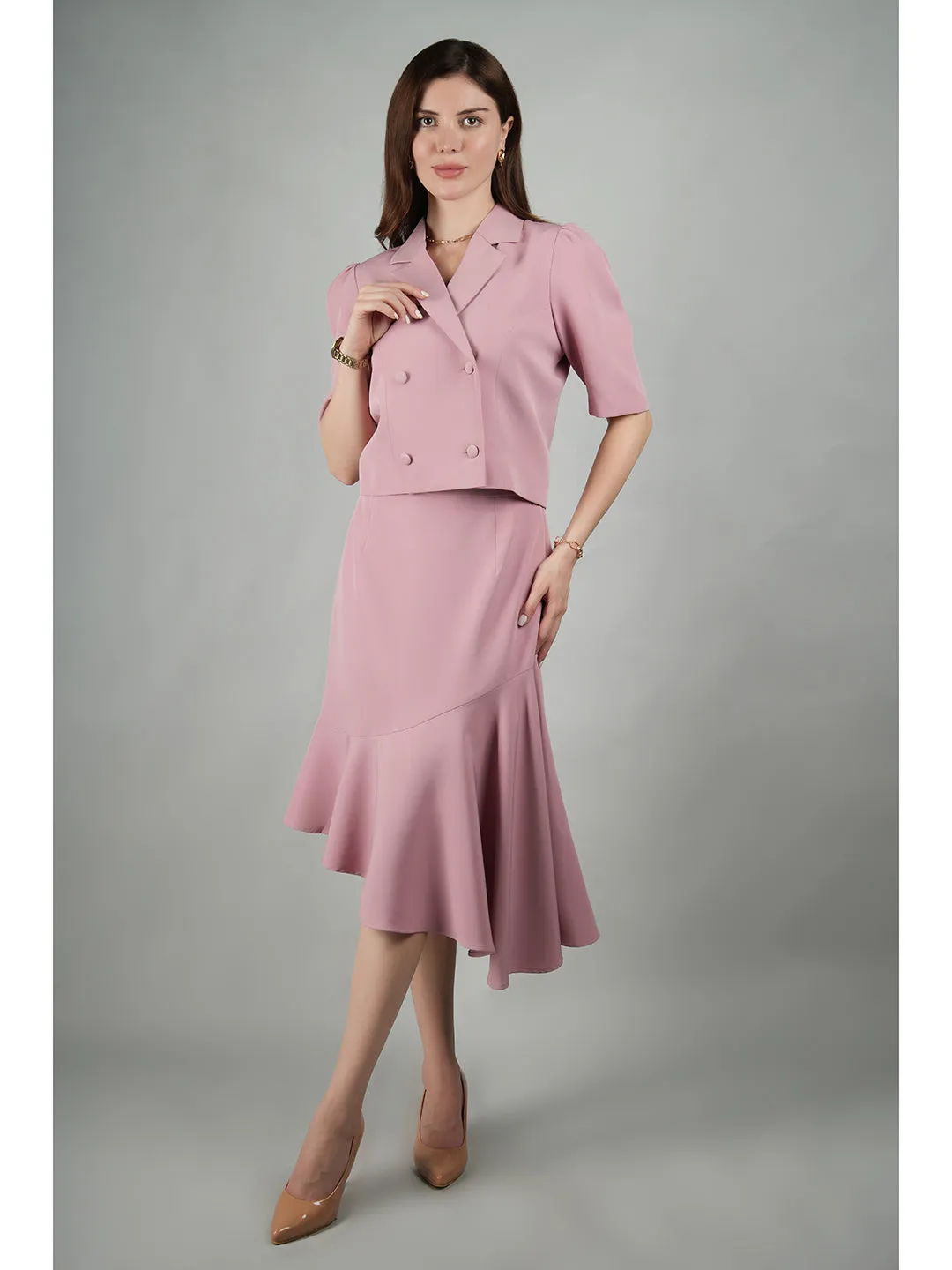 Exude Sunbeam Crop Blazer With Asymmetrical Skirt (Blush Pink)