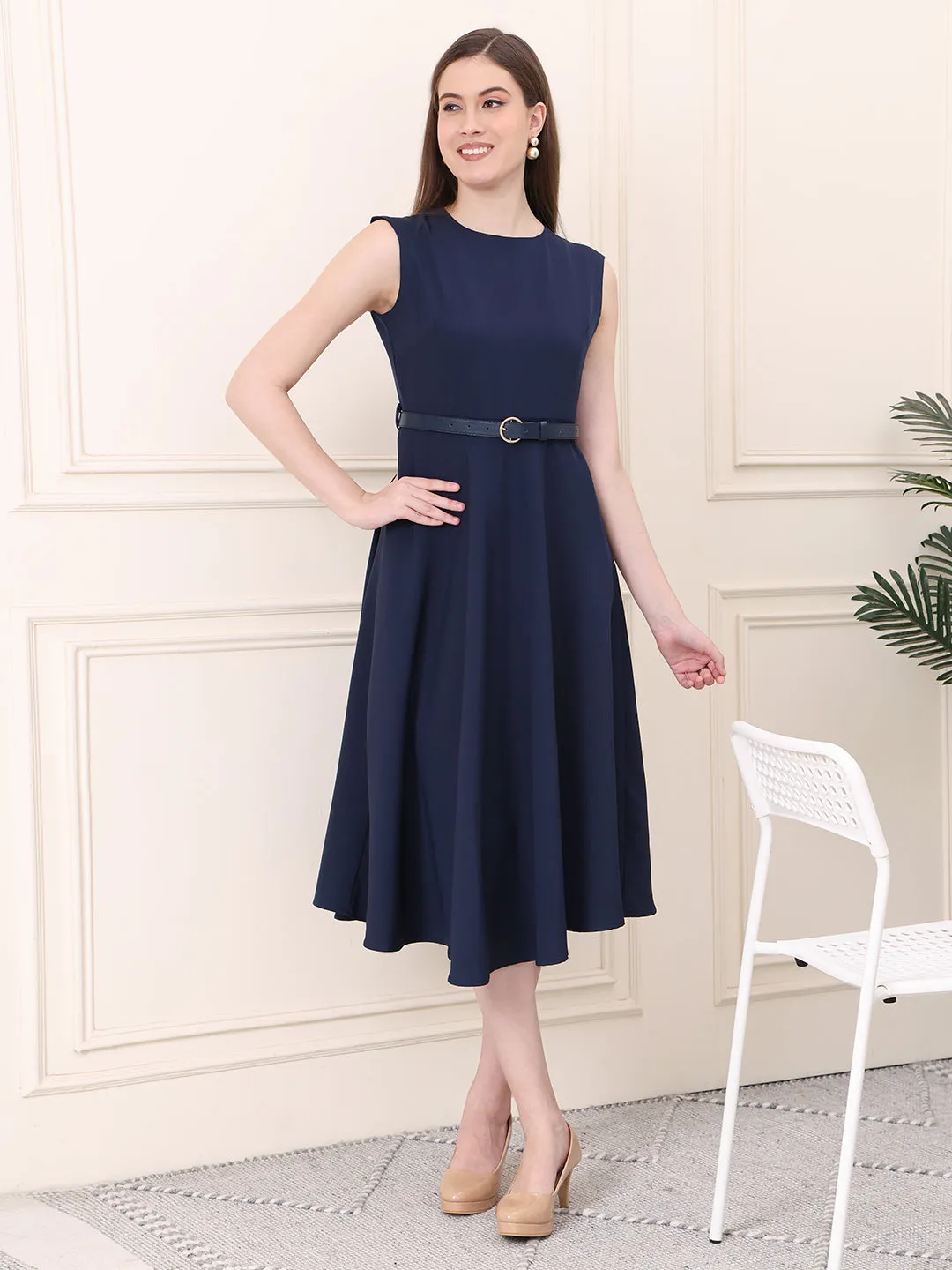 Exude Warmth Fit & Flare Dress with Belt (Navy)