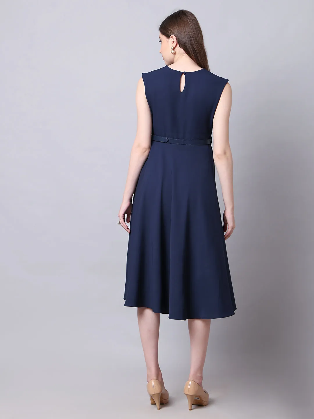 Exude Warmth Fit & Flare Dress with Belt (Navy)