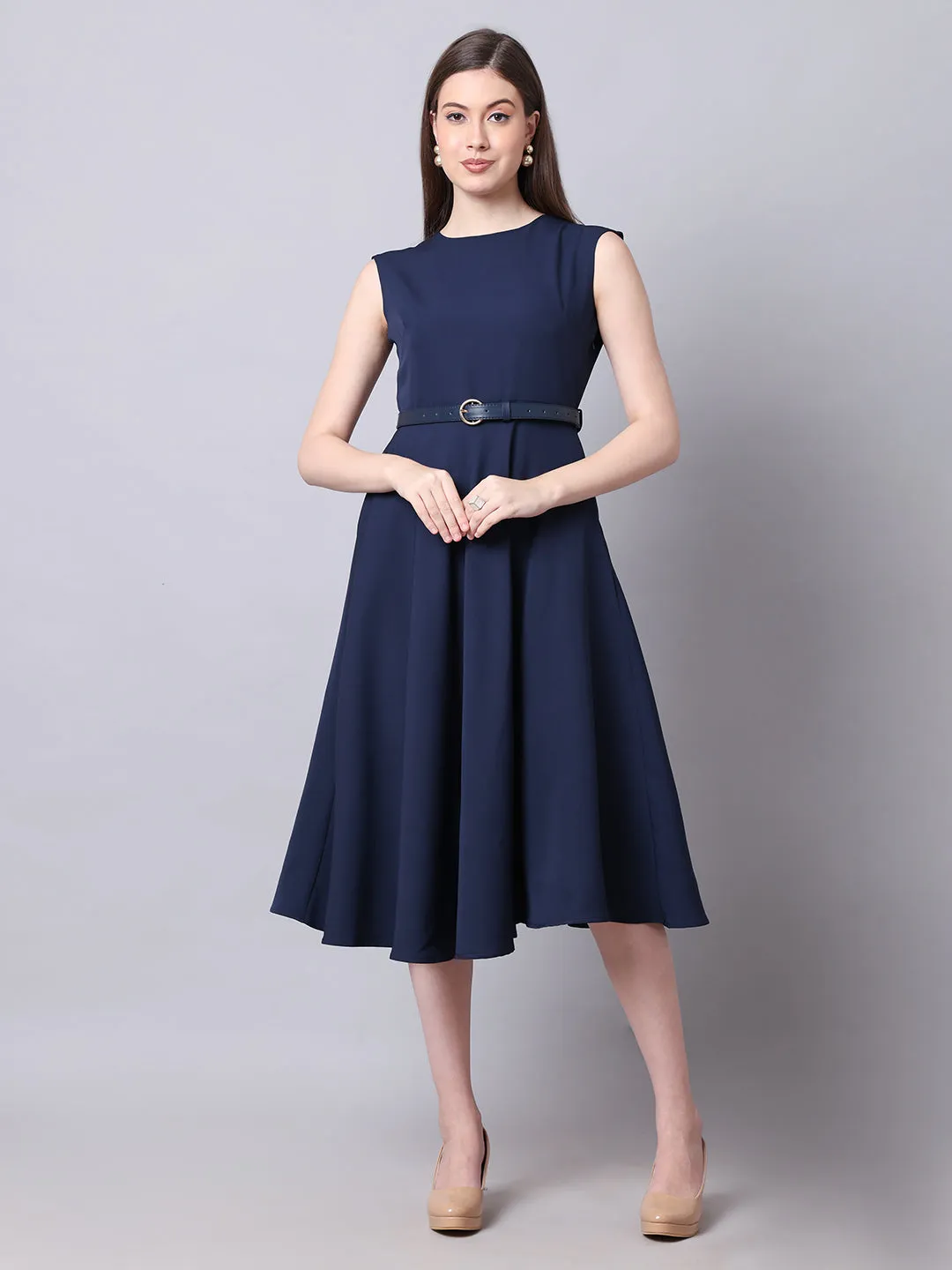 Exude Warmth Fit & Flare Dress with Belt (Navy)