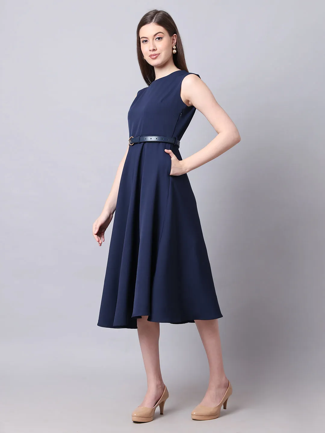 Exude Warmth Fit & Flare Dress with Belt (Navy)