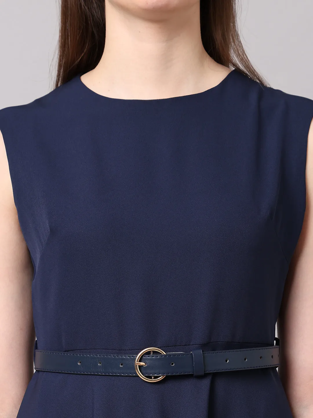 Exude Warmth Fit & Flare Dress with Belt (Navy)