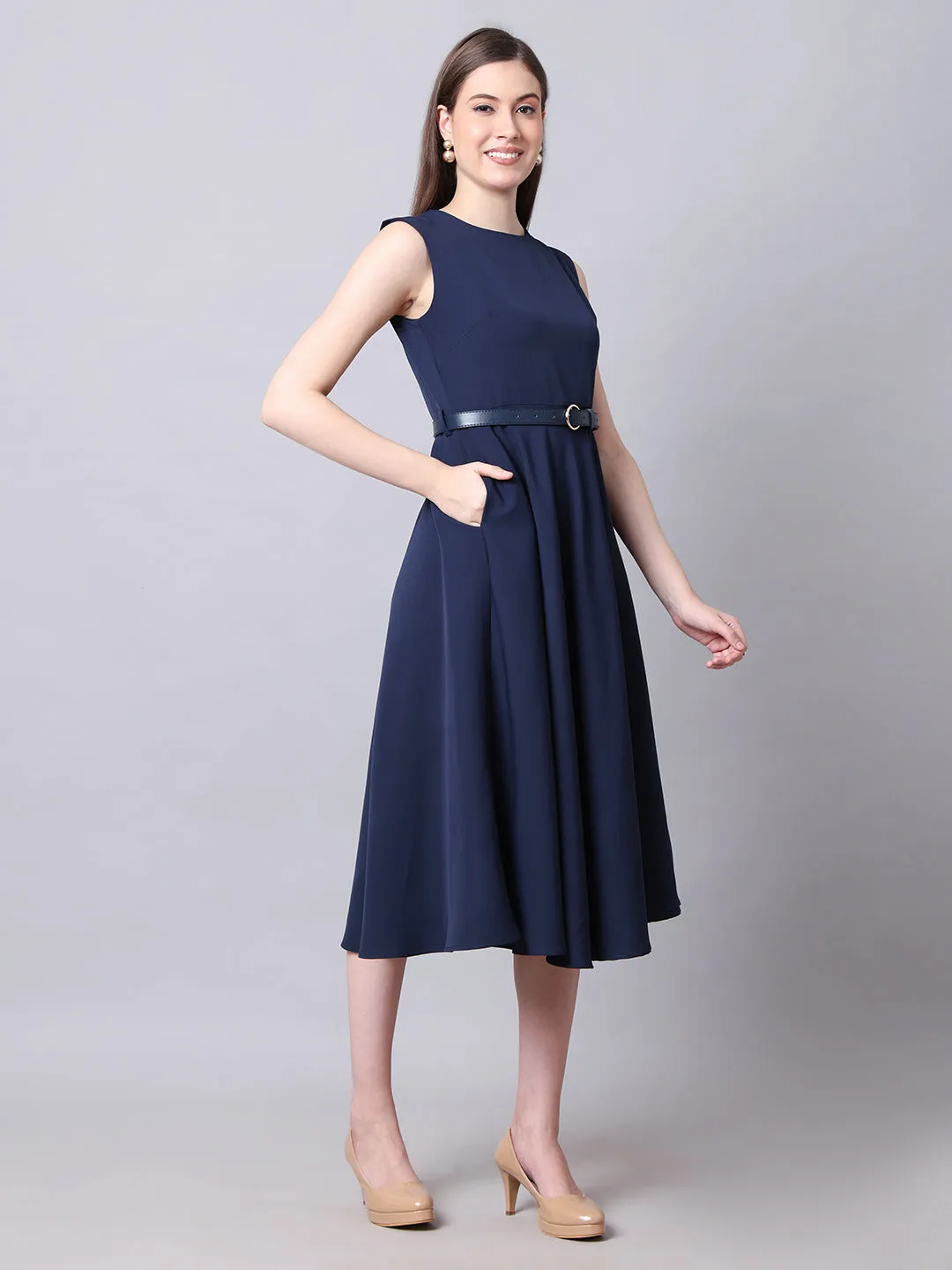 Exude Warmth Fit & Flare Dress with Belt (Navy)