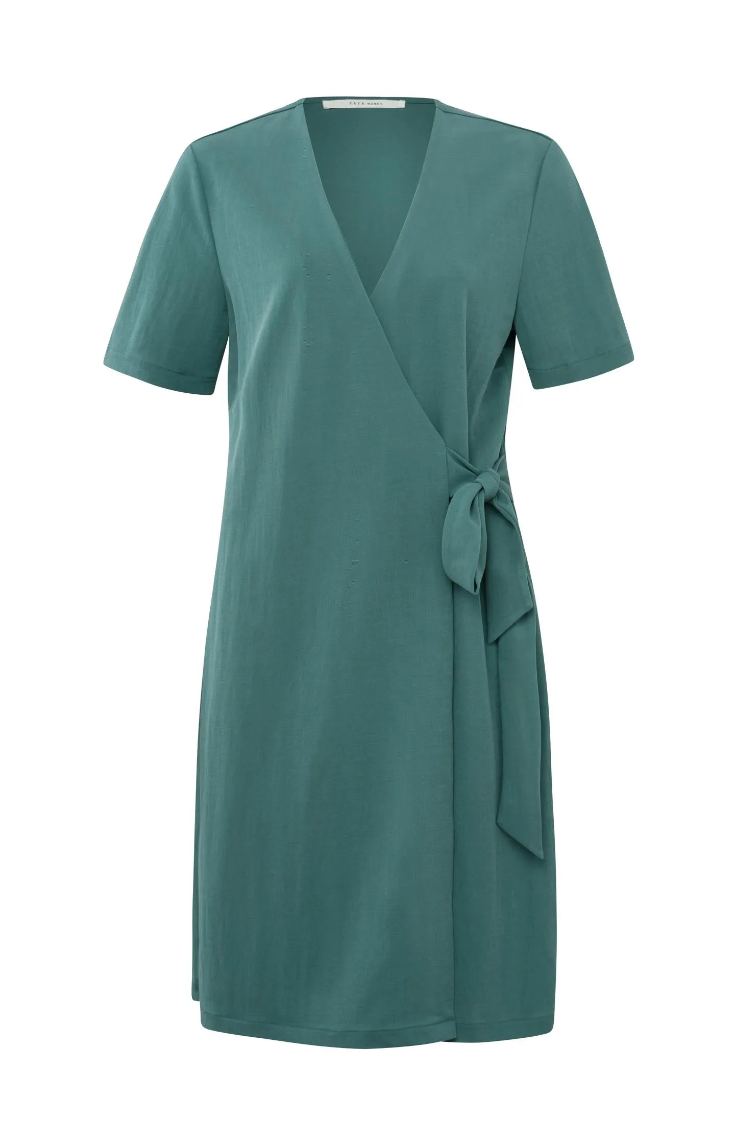 Faux wrap dress with V-neck, short sleeves and waist detail