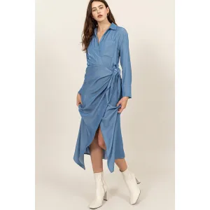 FAUX WRAP SIDE TIE MIDI DRESS - LIGHT DENIM