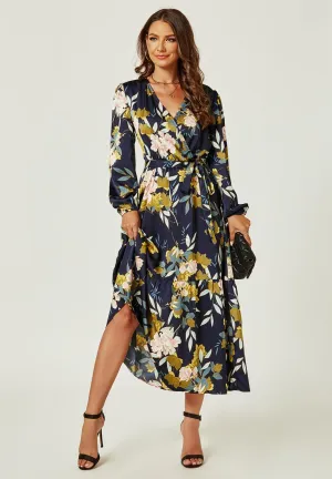 Feminine Floral Print Long Sleeve Wrap Midi Dress In Navy