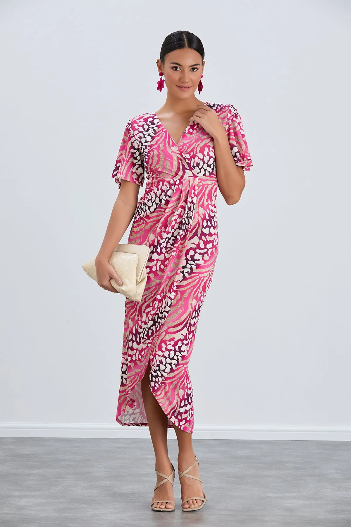 Flirty Flutter Sleeve Wrap Midi Dress in Fuchsia Animal Print