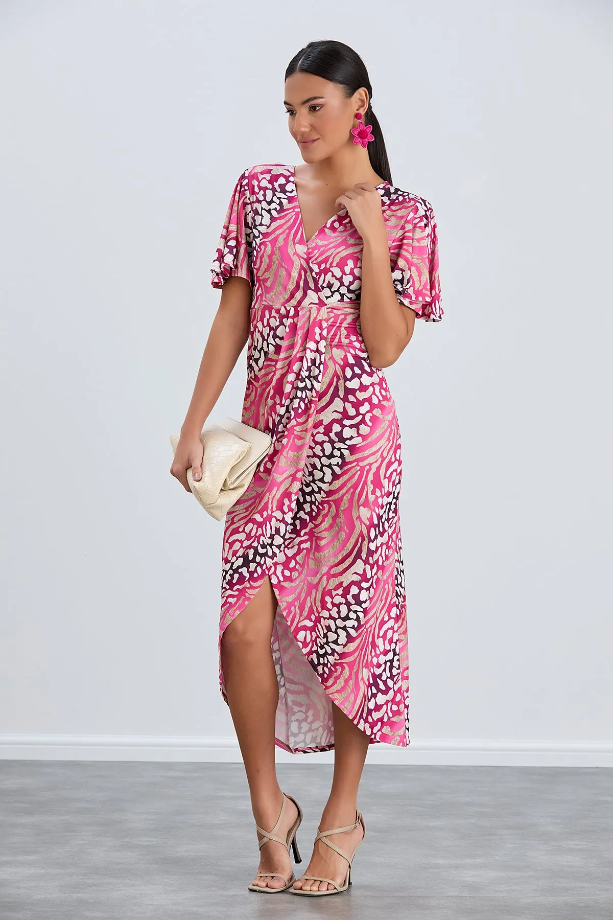 Flirty Flutter Sleeve Wrap Midi Dress in Fuchsia Animal Print