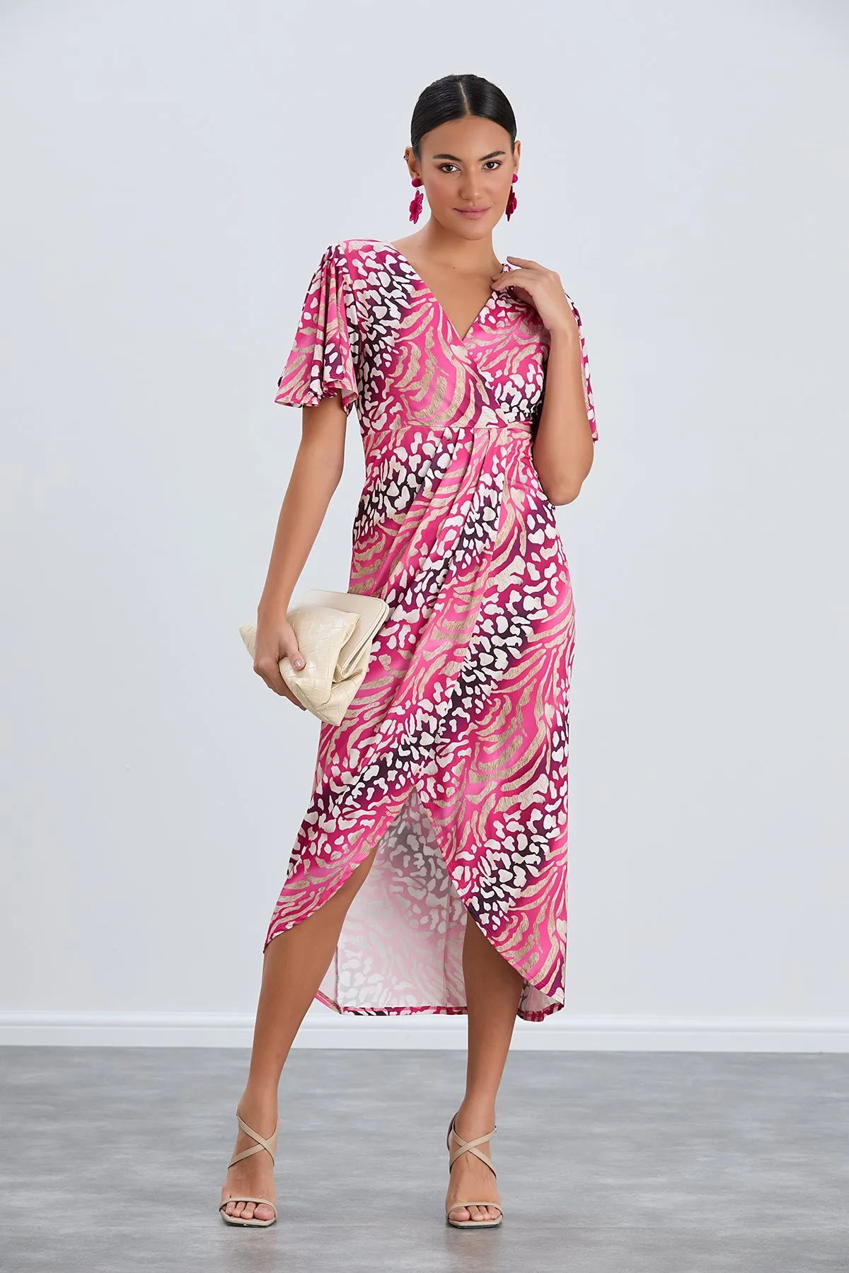 Flirty Flutter Sleeve Wrap Midi Dress in Fuchsia Animal Print