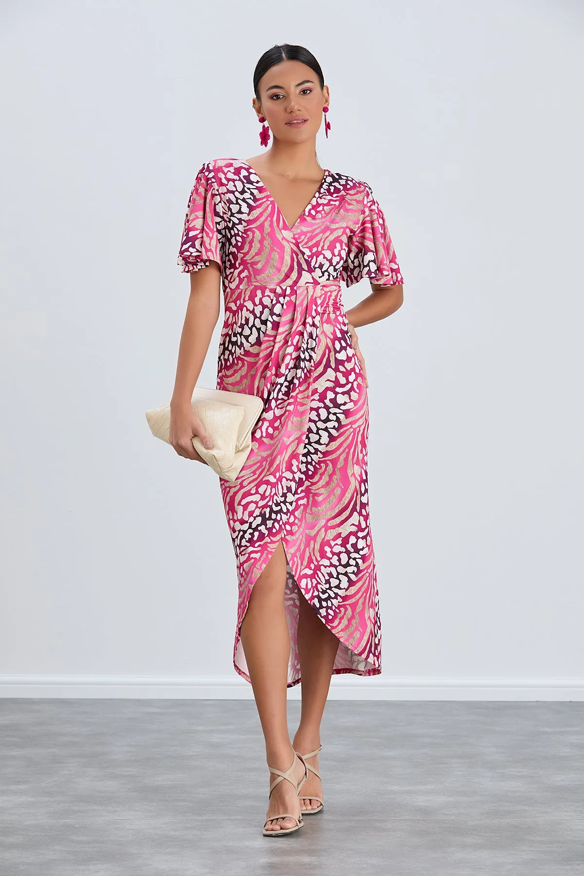 Flirty Flutter Sleeve Wrap Midi Dress in Fuchsia Animal Print