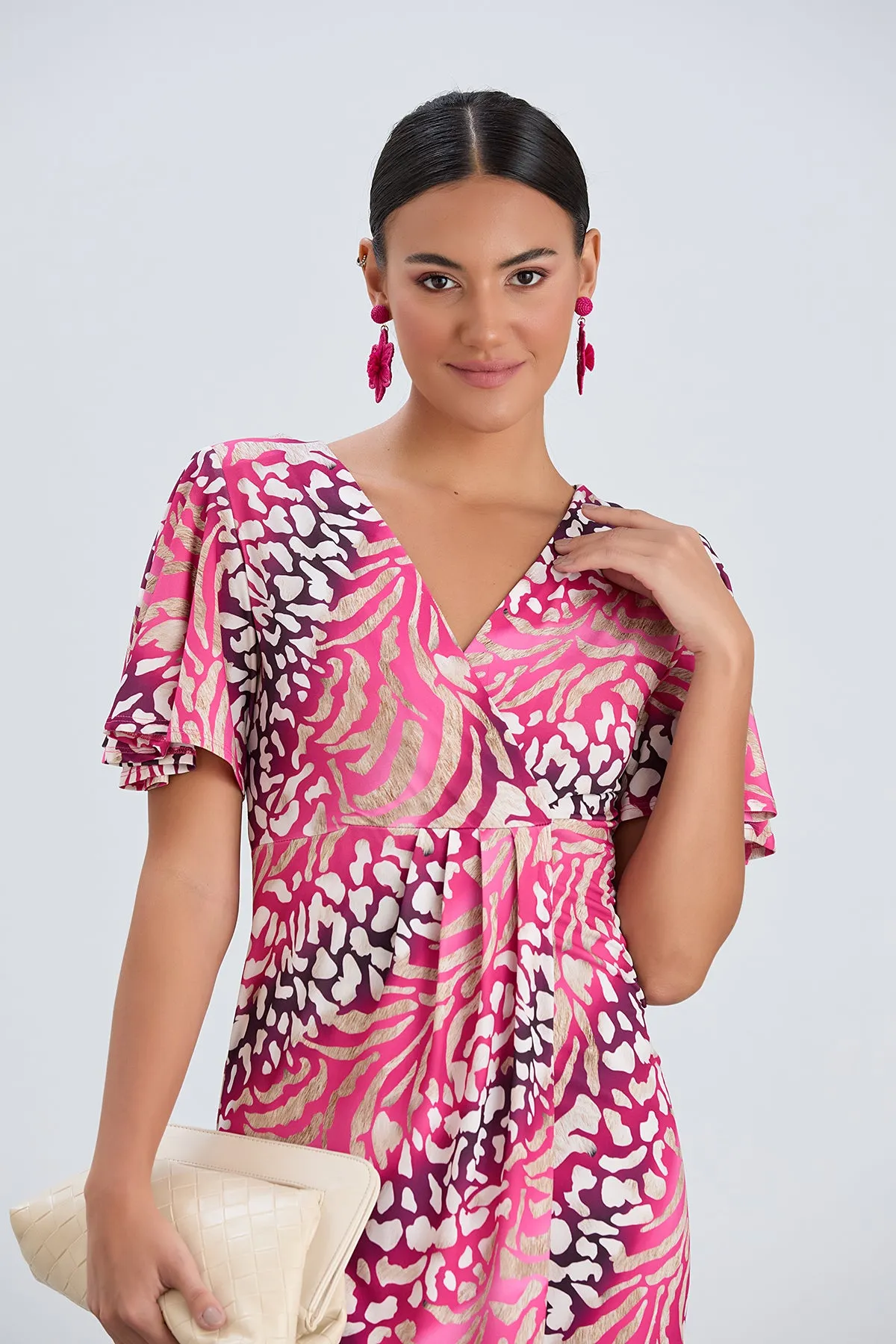 Flirty Flutter Sleeve Wrap Midi Dress in Fuchsia Animal Print