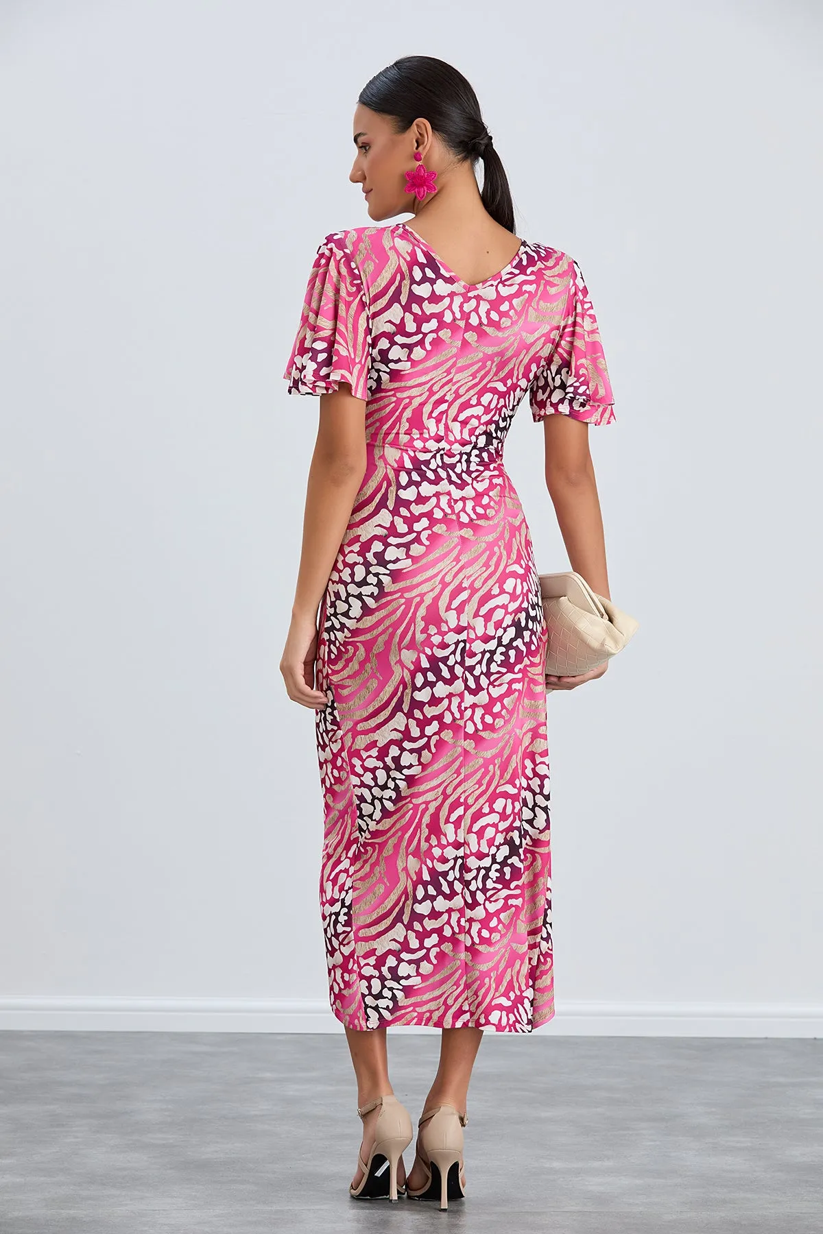 Flirty Flutter Sleeve Wrap Midi Dress in Fuchsia Animal Print