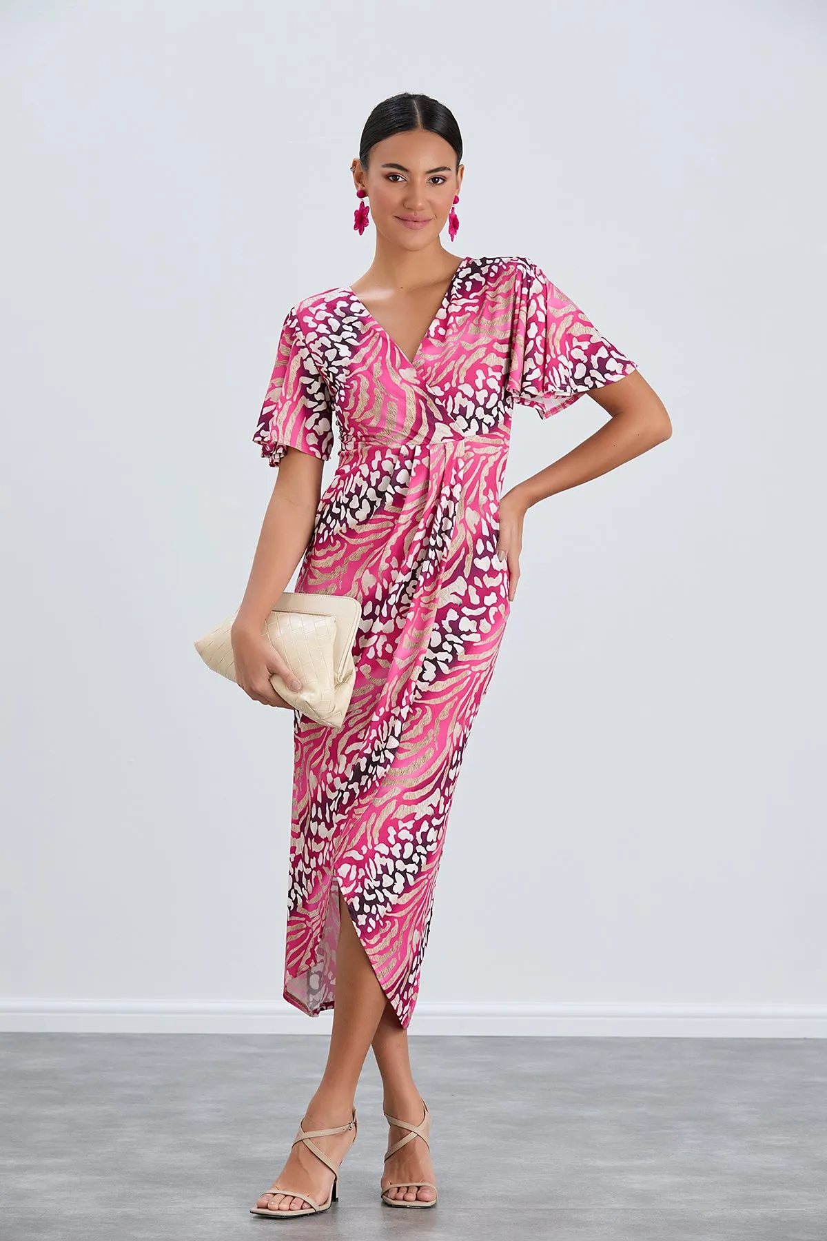 Flirty Flutter Sleeve Wrap Midi Dress in Fuchsia Animal Print