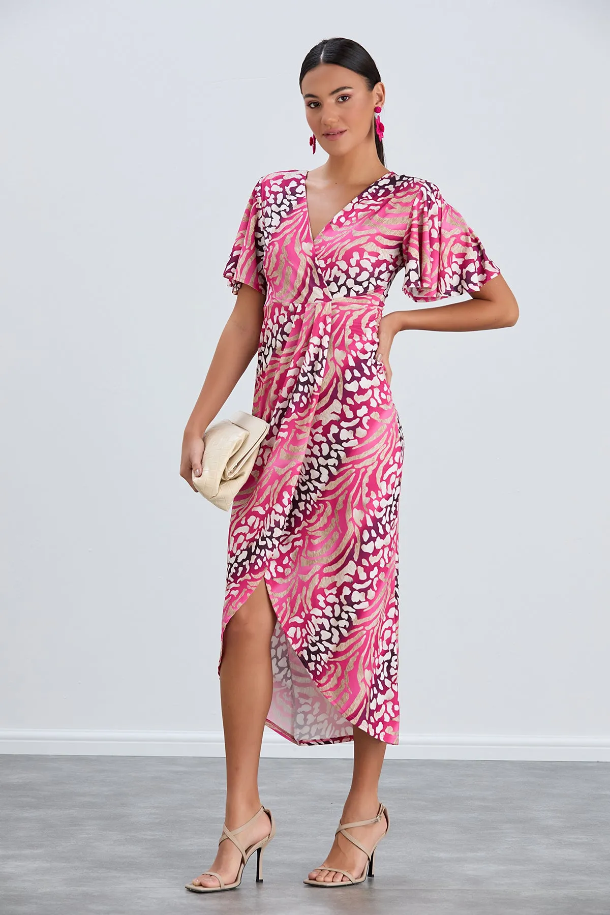 Flirty Flutter Sleeve Wrap Midi Dress in Fuchsia Animal Print