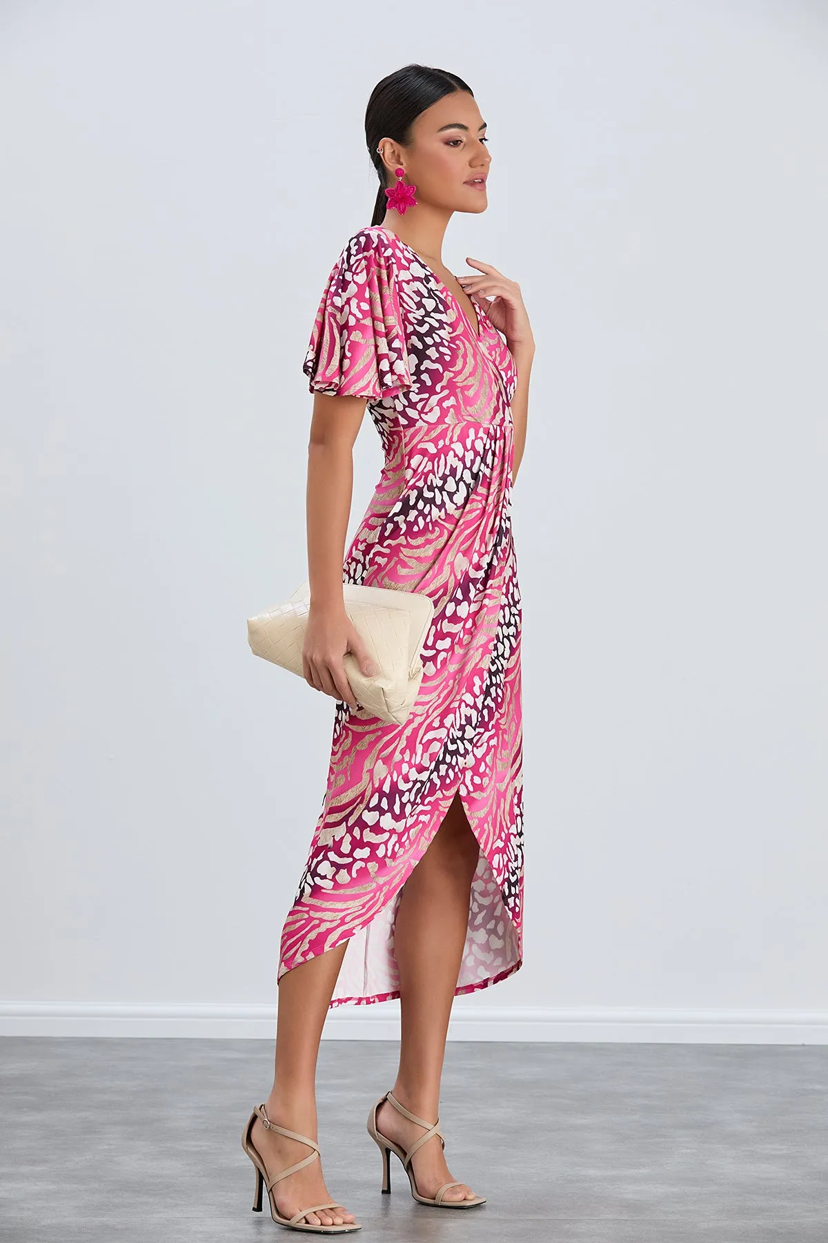 Flirty Flutter Sleeve Wrap Midi Dress in Fuchsia Animal Print