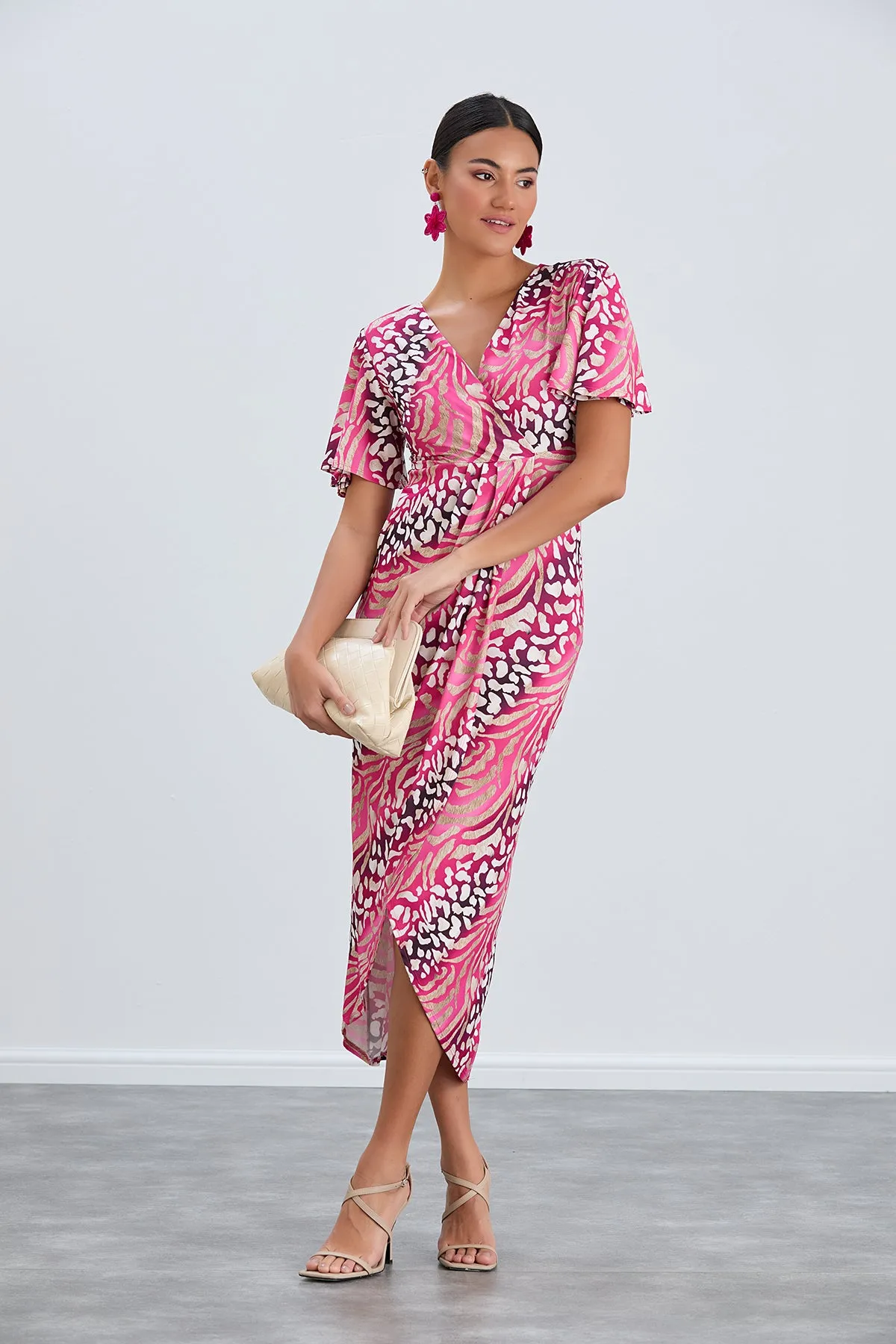 Flirty Flutter Sleeve Wrap Midi Dress in Fuchsia Animal Print