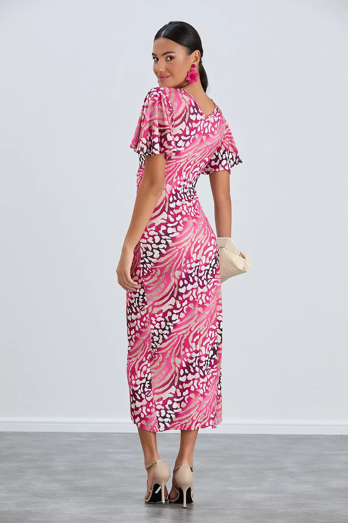 Flirty Flutter Sleeve Wrap Midi Dress in Fuchsia Animal Print