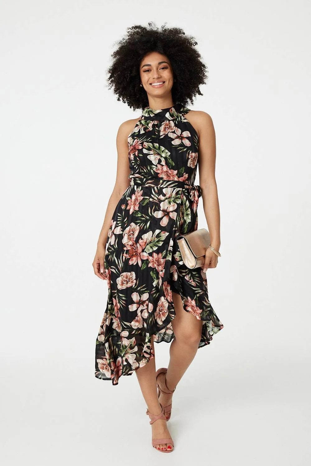 Floral Asymmetric Halter Neck Midi Dress