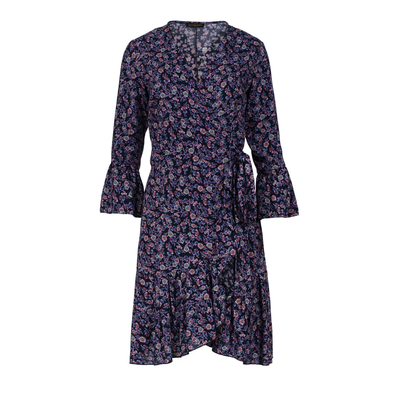 Floral Print Viscose Wrap Dress with Bell Sleeves