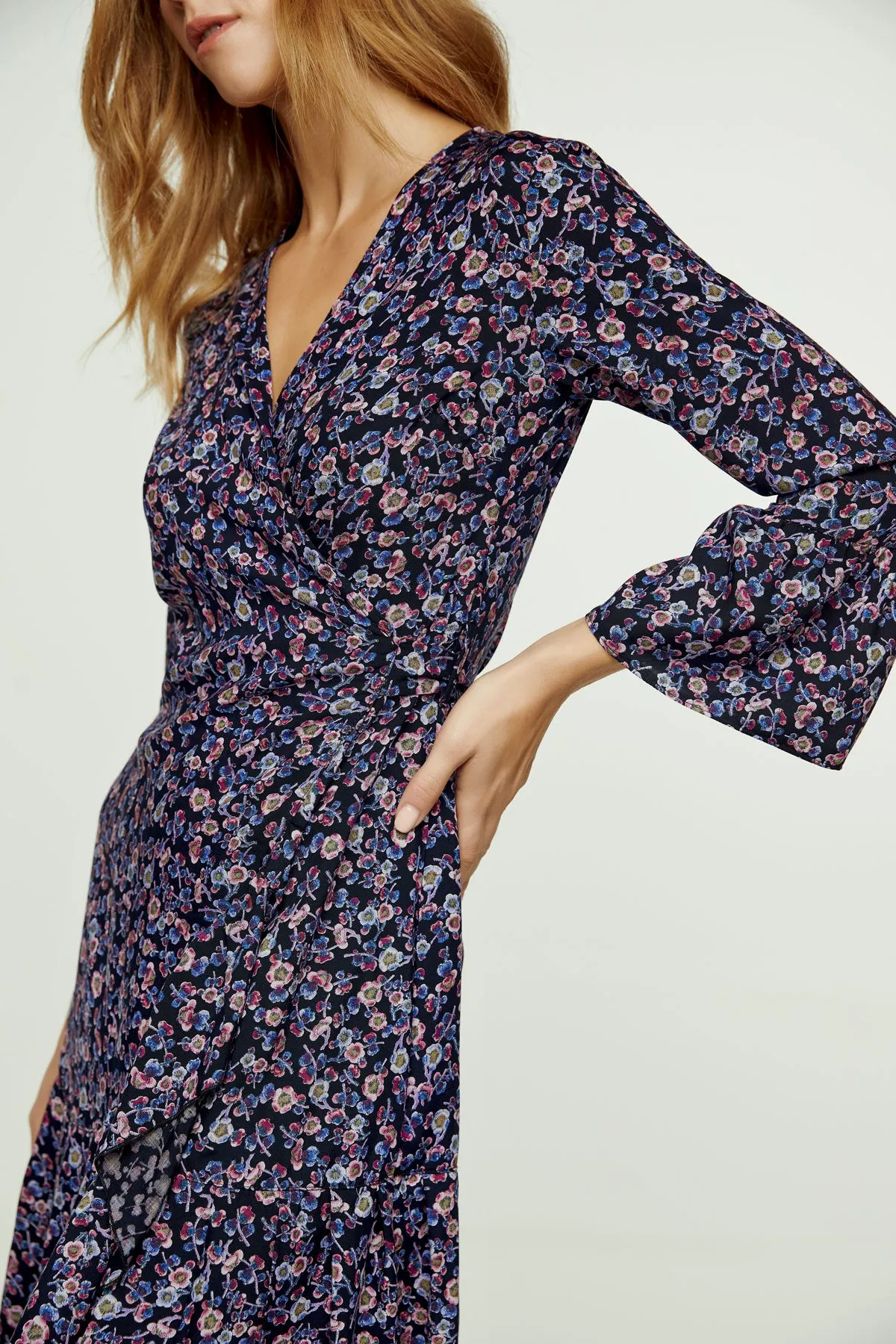 Floral Print Viscose Wrap Dress with Bell Sleeves