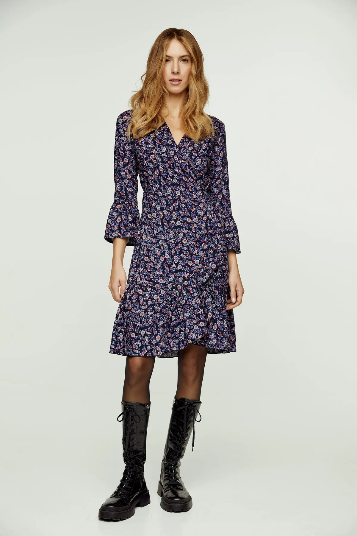 Floral Print Viscose Wrap Dress with Bell Sleeves